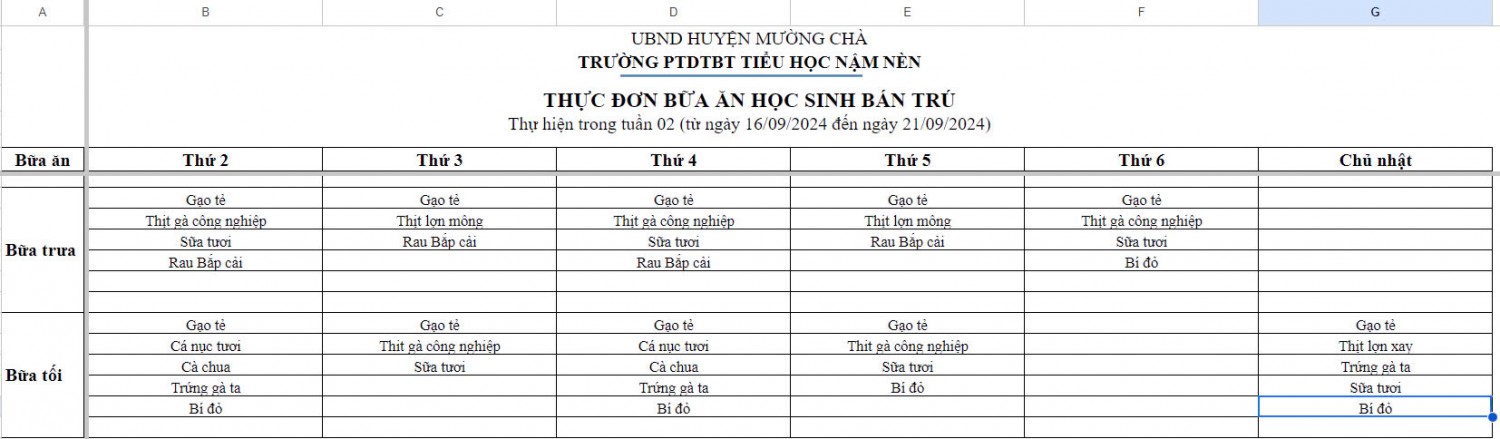 Thực đơn ăn hs bán trú